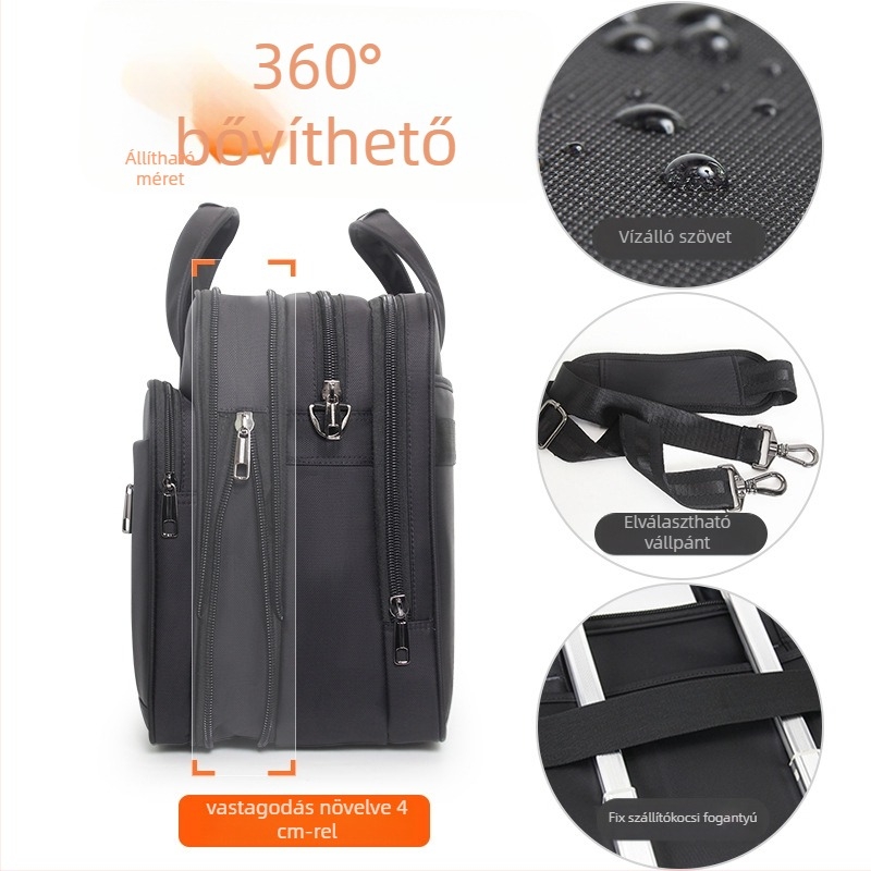 Férfi üzleti aktatáska – ingázó stílus, Oxford vászon, belső nylon bélés, egyszínű minta, ütésálló, bővíthető, üzleti utazásokhoz