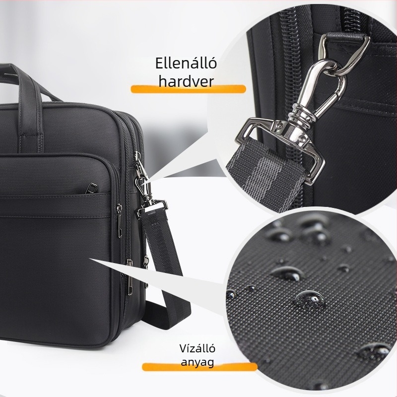 Férfi üzleti aktatáska – ingázó stílus, Oxford vászon, belső nylon bélés, egyszínű minta, ütésálló, bővíthető, üzleti utazásokhoz