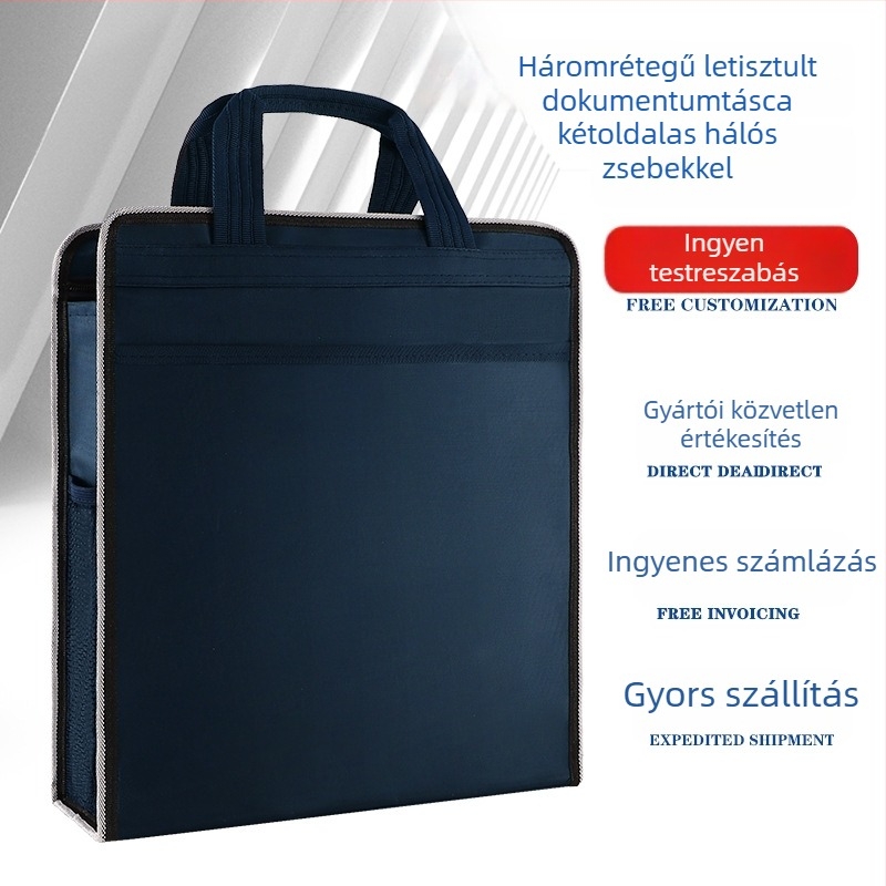 Oxford anyagú irodai dokumentumtáska nagy kapacitású, cipzáras, egyszerű kialakítás, súly 0,5 kg, anyagvastagság 10