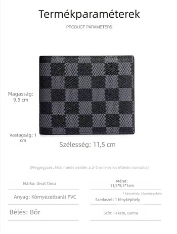 Férfi pénztárca kockás mintával, PU bőr, 1 hajtás, Modell 3015, anti-magnetikus