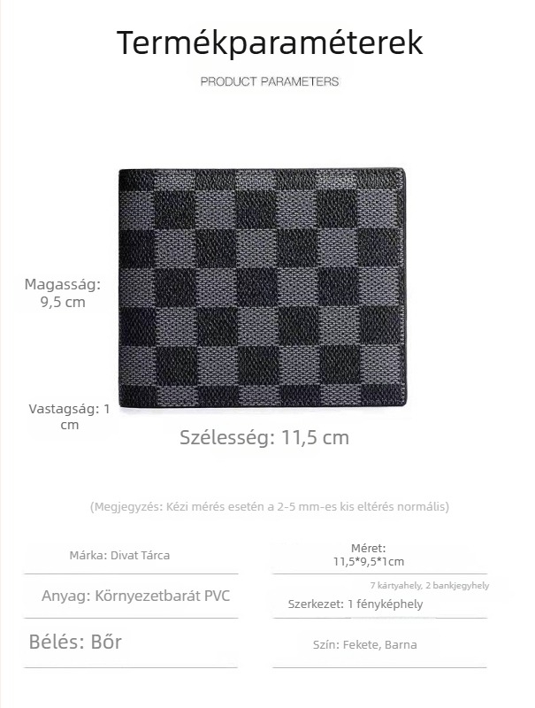 Férfi pénztárca kockás mintával, PU bőr, 1 hajtás, Modell 3015, anti-magnetikus