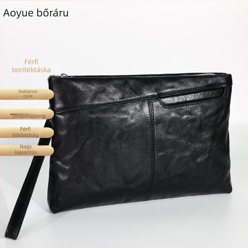Férfi Clutch - Valódi bőr, Első réteg tehénbőr, Kézfogó minta, Vízálló, Belső bélés: poliészter