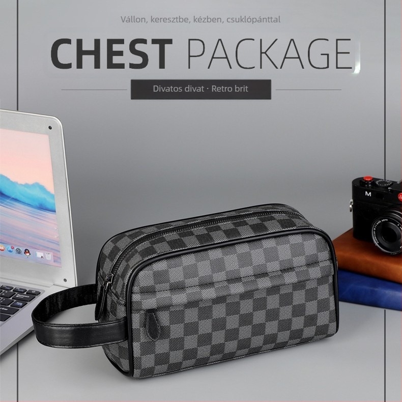 Férfi üzleti clutch táska — nagy kapacitású kockás dizájn, utazáshoz kozmetikai táska