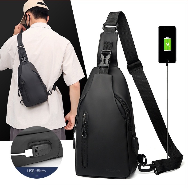 Férfi mellkas táska USB interfésszel, városi minimalist stílus, bőrfólia anyag, keresztpántos, egyszínű, poliészter bélés
