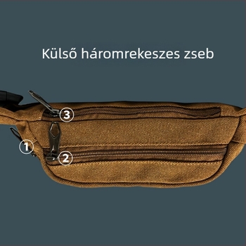 Férfi derék táska canvasból, háromrétegű kialakítás, több rekesz, kopásálló (polieszter bélés)