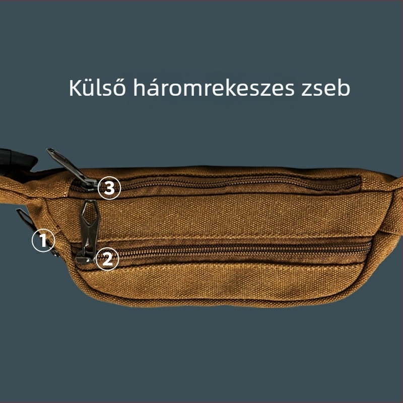 Férfi derék táska canvasból, háromrétegű kialakítás, több rekesz, kopásálló (polieszter bélés)