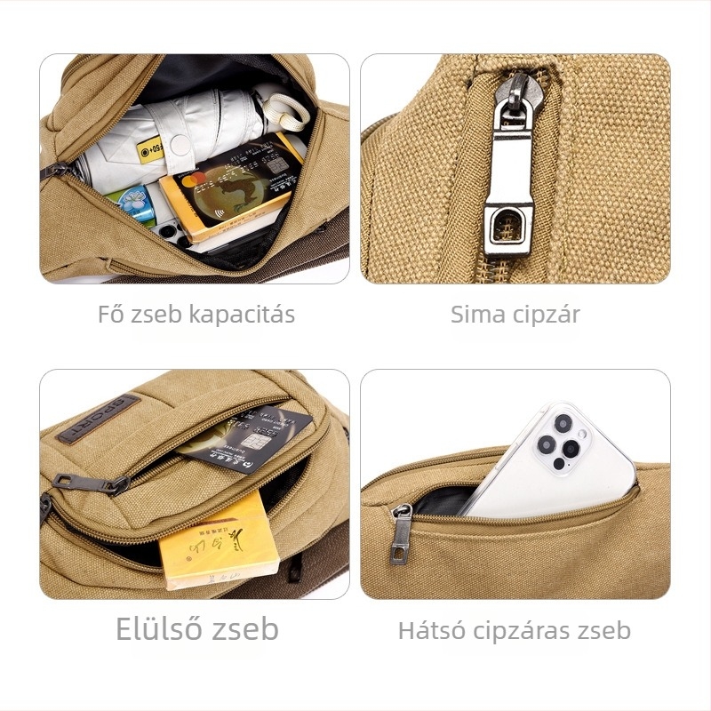 Vászon deréktáska több rekesszel, uniszex, kompatibilis az 8 hüvelykes laptophoz, könnyű és tartós