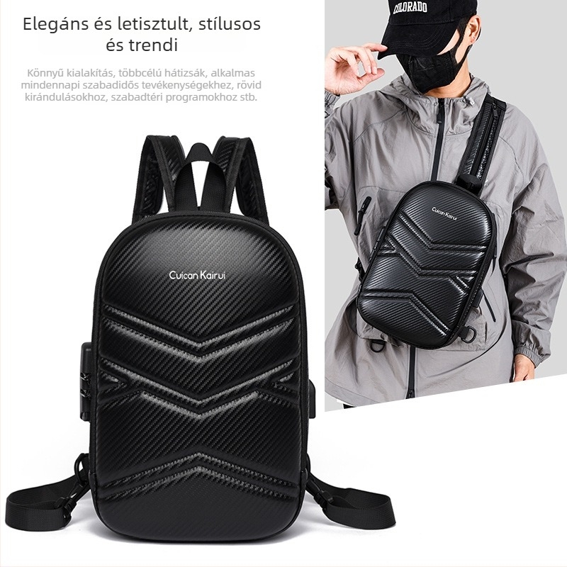 Férfi mellkas táska - utcai stílus, karbon szál textúra, csíkos minta, poliészter bélés, USB interfész, kopásálló, lopás elleni védelem