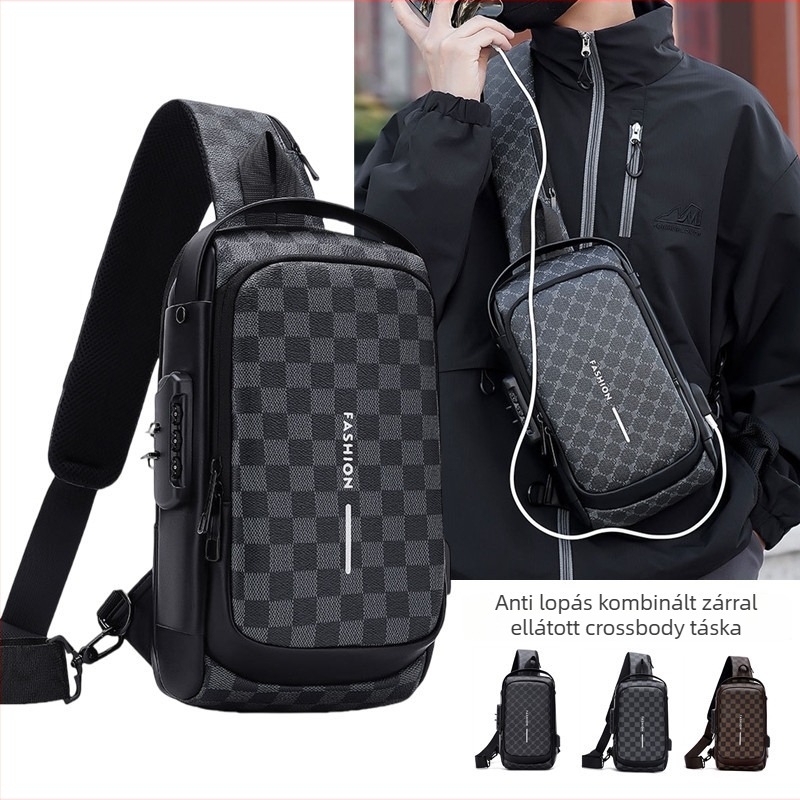 Férfi mellkas táska anti-tolvajlás és kódzár, kockás mintázat, PU anyag, tartós, sokfunkciós crossbody táska