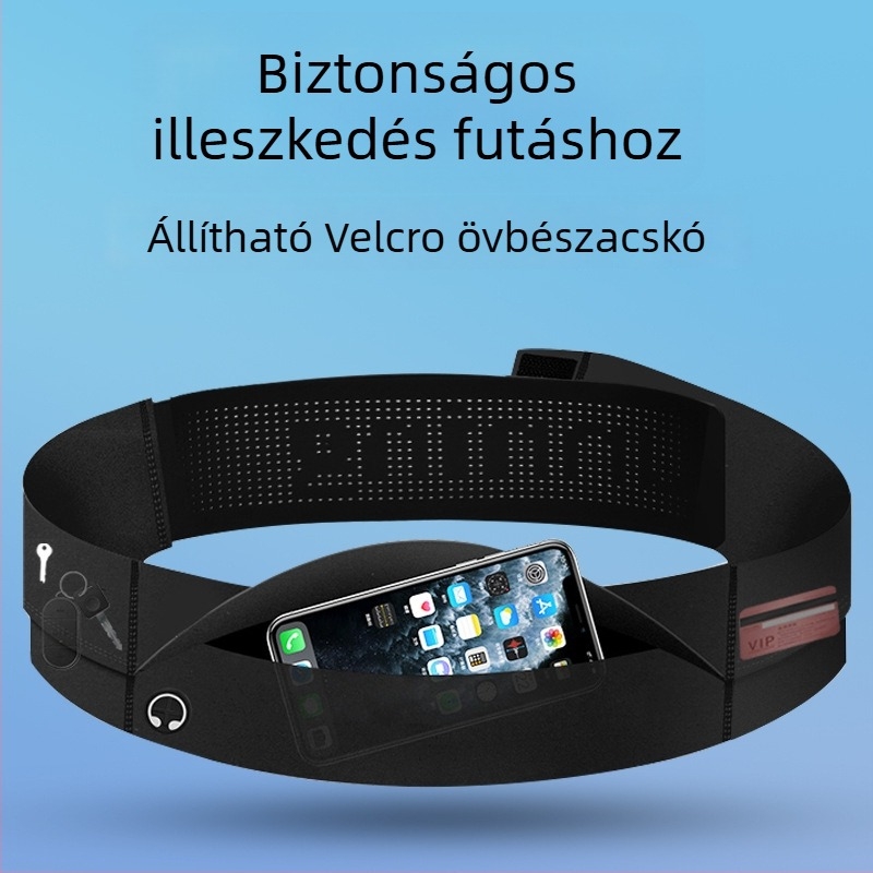 Futó deréköv telefontároló zsebbel, uniszex, poliészter, légáteresztő, ultrakönnyű, lopás elleni védelem