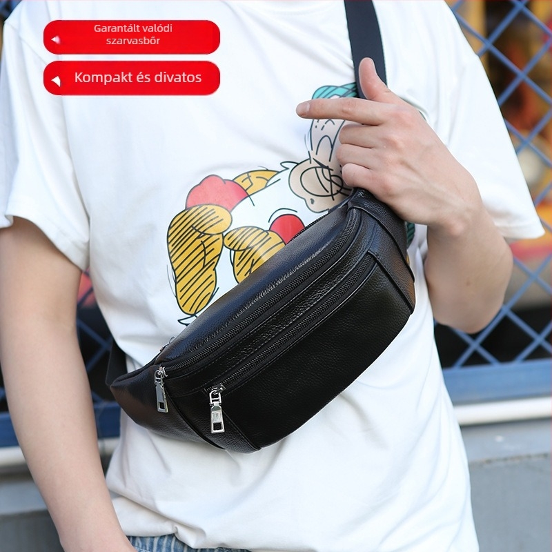 Férfi övtáska crossbody pánttal — Street trend, valódi bőr, egyszínű minta, nylon bélés, üzleti utazások