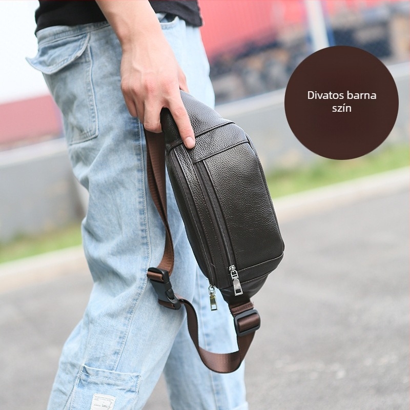 Férfi övtáska crossbody pánttal — Street trend, valódi bőr, egyszínű minta, nylon bélés, üzleti utazások