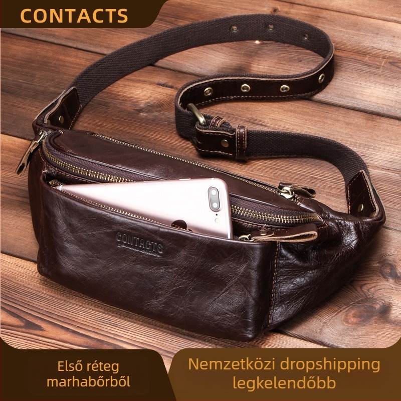 Férfi deréktáska első réteg marhabőrből, vízálló és lélegző, utcai stílusú chest bag