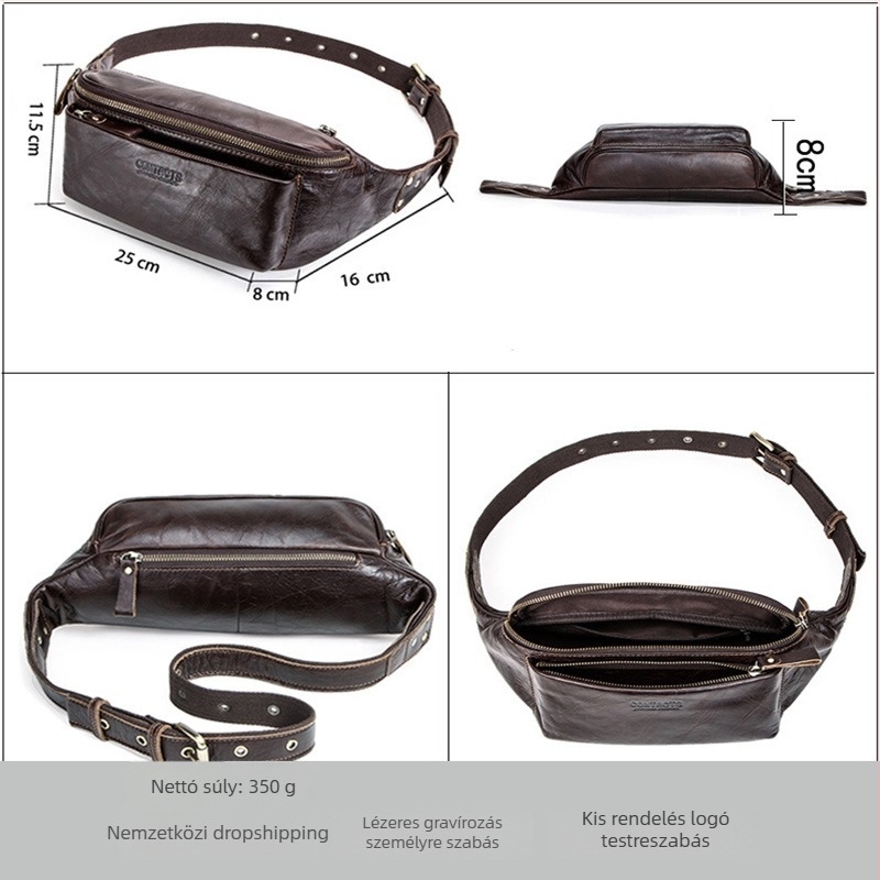 Férfi deréktáska első réteg marhabőrből, vízálló és lélegző, utcai stílusú chest bag