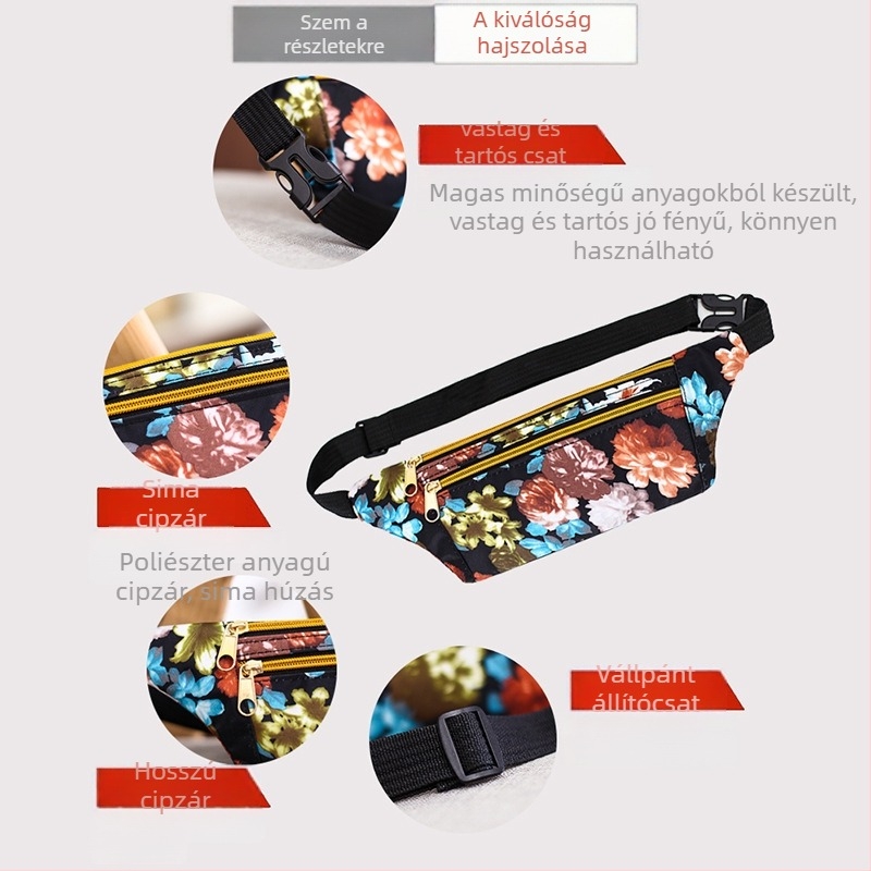 Férfi derék táska etnikus virágos mintával, Oxford anyagból, cipzár, terheléscsökkentő dizájn, keresztpántos