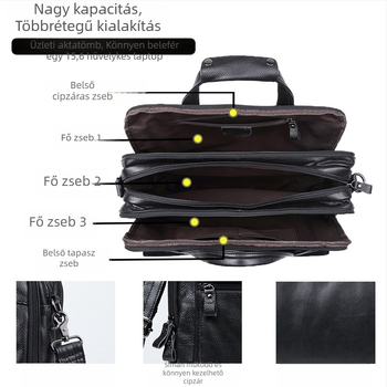 Valódi bőrből készült üzleti táska – elit stílus, belső poliészter-pamut bélés, kopásálló, bővíthető kapacitás