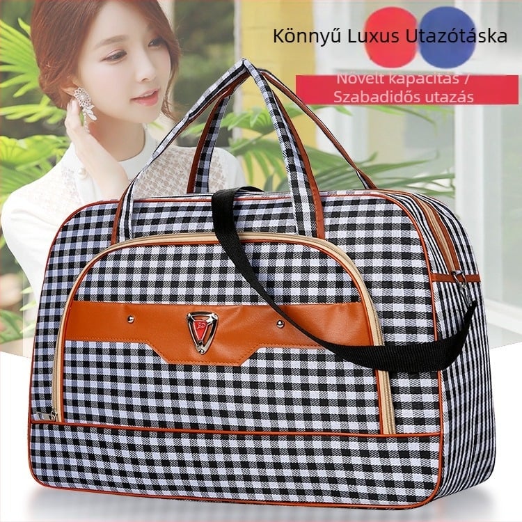 20 L alatti utazótáska, alumínium keretes nyitás, zár, egy vállpánt, puha fogantyú, poliészter, kockás mintázat, Oxford bélés