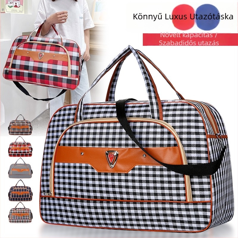 20 L alatti utazótáska, alumínium keretes nyitás, zár, egy vállpánt, puha fogantyú, poliészter, kockás mintázat, Oxford bélés
