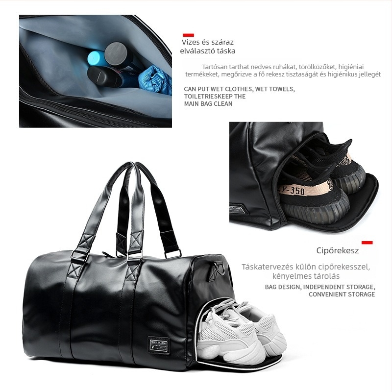 Férfi utazótáska – száraz/nedves elválasztás, PU bőr, egyszínű minta, városi minimalist stílus, ősz 2025
