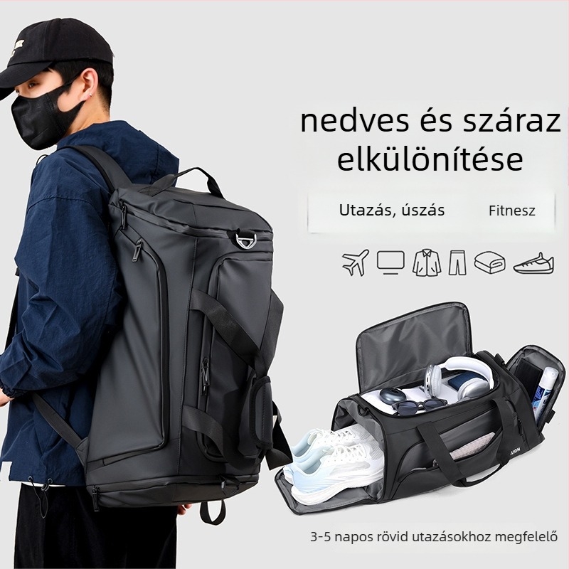 Unisex edző- és utazó hátizsák, 20-35 L, Oxford anyag, száraz–nedves elválasztás, laminált cipzáras zseb