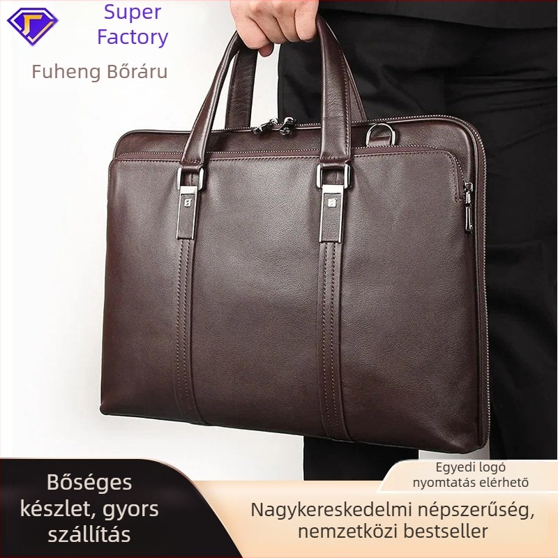Valódi bőrből készült üzleti aktatáska, top-grain marhabőr, laptop-kompatibilitás, poliészter bélés, üzleti táska