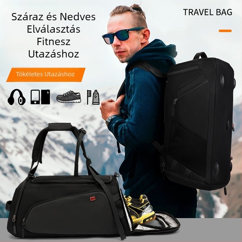 NAKIE utazó fitnesz hátizsák nedves–száraz elkülönítéssel, 36–55L, Oxford szövet, tehercsökkentés