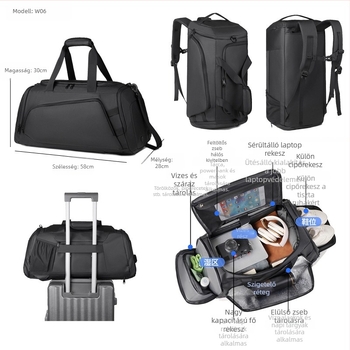 Szigetelt utazó- és edzőtáska, 36–55 L kapacitás, vízlepergető film, szigetelés, kopásállóság, száraz–nedves elkülönítés, poliészter bélés