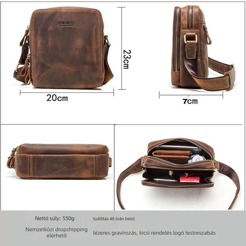 Férfi válltáska – utcai divat, valódi bőr, első réteg marhabőr, poliészter bélés, vízálló