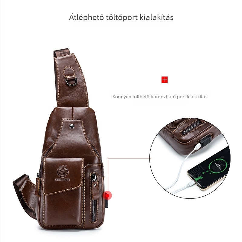 Férfi bőrtáska mellkasra USB interfésszel, első réteg tehénbőrből, poliészter bélés, SCHLATUM/Lion Leiden márka
