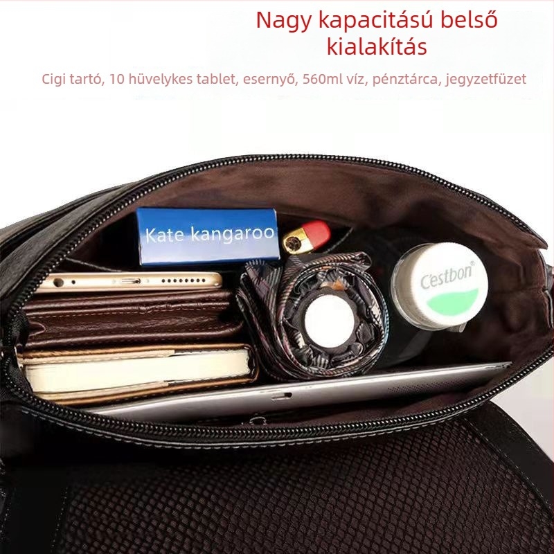 Férfiaknak készült PU bőrt-textúrájú crossbody táska fedéllel, üzleti utazási stílus, poliészter bélés
