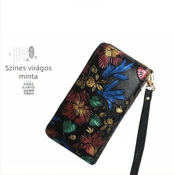 Női PU bőr hosszú cipzáras clutch, domborított retro mintázat, nagy kapacitású