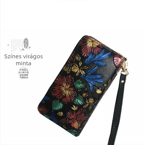Női PU bőr hosszú cipzáras clutch, domborított retro mintázat, nagy kapacitású