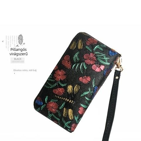 Női PU bőr hosszú cipzáras clutch, domborított retro mintázat, nagy kapacitású