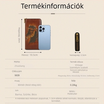 Valódi bőr pénztárca, felső rétegű tehénbőrből, állati mintázat, háromrészes kivitel, poliészter belsés