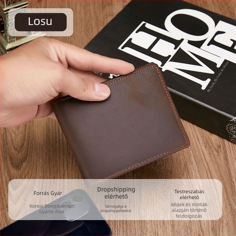 RFID-védett bőr férfi pénztárca, bi-fold, több kártyatartó hellyel