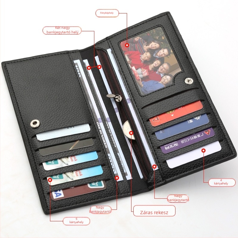 Hosszú férfi pénztárca belső cipzárral, több kártyatartóval, nagy kapacitású; tehénbőr belső