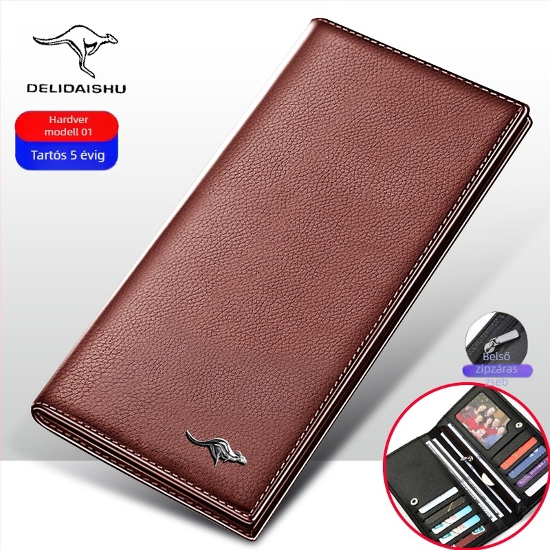 Hosszú férfi pénztárca belső cipzárral, több kártyatartóval, nagy kapacitású; tehénbőr belső