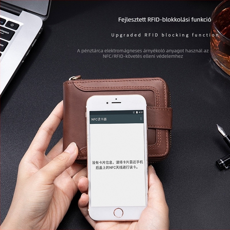 Férfi horizontális pénztárca, első réteg marhabőrből, RFID-blokkoló, antimagnetikus bélés, 2 hajtogatás, retro stílus