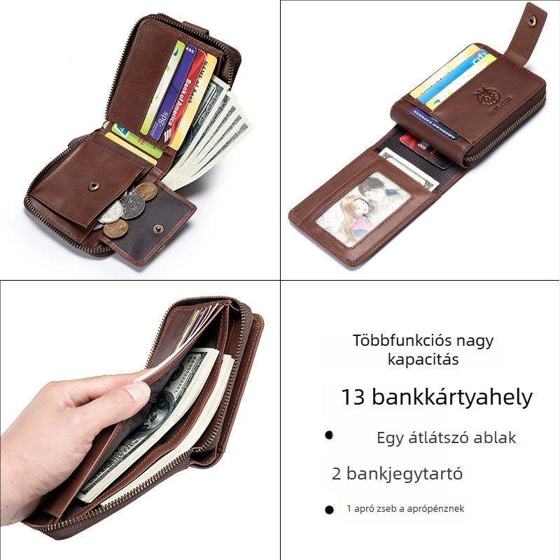 Férfi horizontális pénztárca, első réteg marhabőrből, RFID-blokkoló, antimagnetikus bélés, 2 hajtogatás, retro stílus
