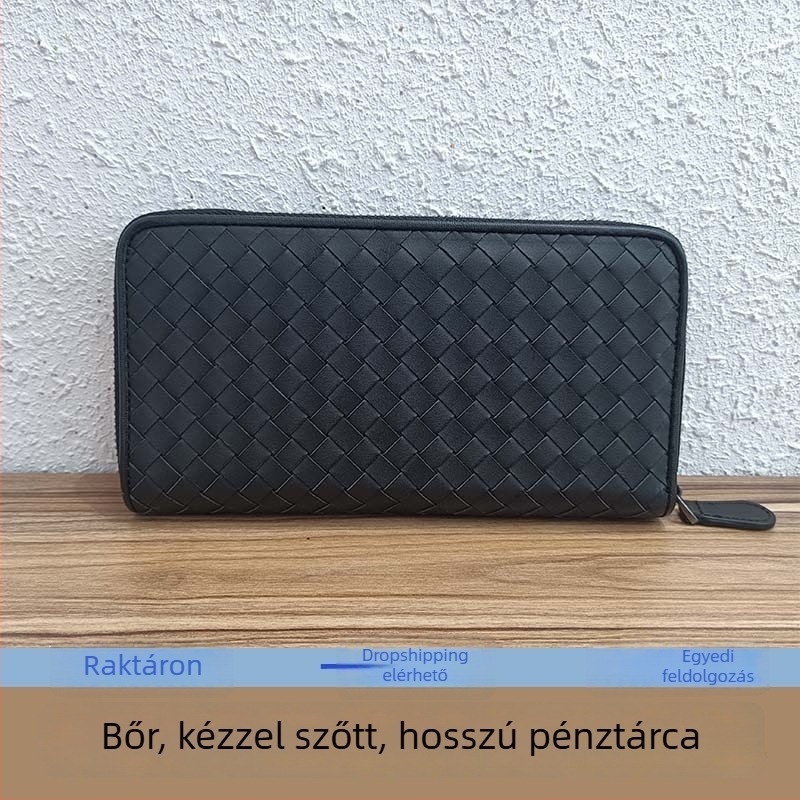 Új, férfi hosszú bőrtárca első osztályú marhabőrből, kézzel szőtt, üzleti-alkalmi stílus, több kártyatartó rekesz
