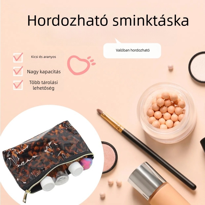Smink táska ecsettárolóval, leopard mintával, PVC anyag, cipzár, nőknek, mindennapi használat