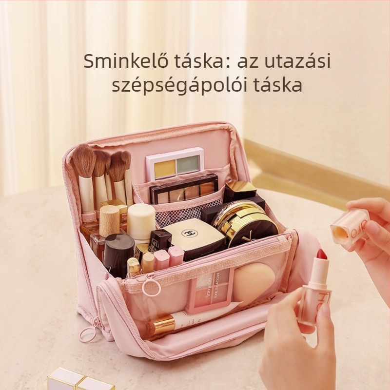 Álló dizájnú női kozmetikai neszesszer utazáshoz, nagy kapacitású, többfunkciós, poliészter, cipzár, légáteresztő és ultra könnyű