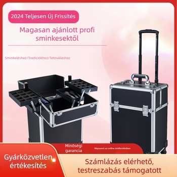 Sminkes táska több rétegű, trolly csomag teleszkópos fogantyúval, ABS+PC anyag, univerzális kerekek, zár, bővíthető réteg