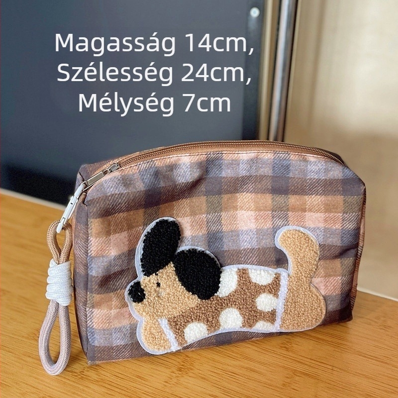 Oxford anyagból készült kozmetikai táska, hordozható, nagy kapacitású, hímzett kiskutya motívum, kockás minta, otthoni használatra