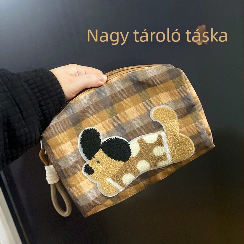 Oxford anyagból készült kozmetikai táska, hordozható, nagy kapacitású, hímzett kiskutya motívum, kockás minta, otthoni használatra