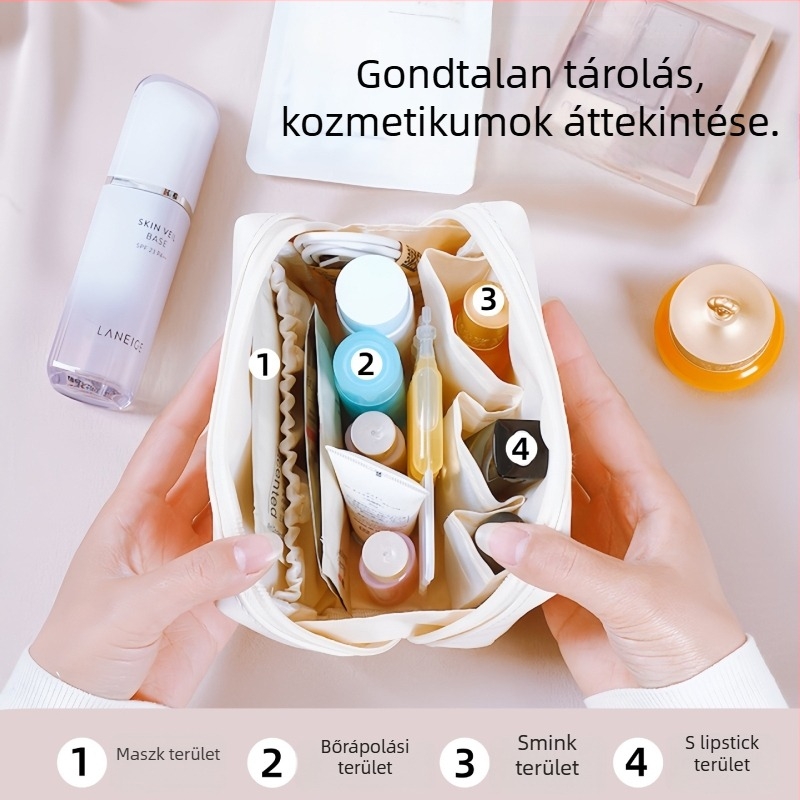 Hordozható, multifunkcionális sminktáska belső zsebbel; PU külső, poliészter bélés, vízálló, városi minimalist stílus, nőknek