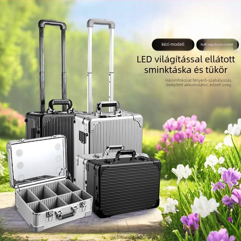 Sminkes táska világítással és edzett üveggel, EVA konstrukció, hordozható trol, kulcsos zár, Braunberg