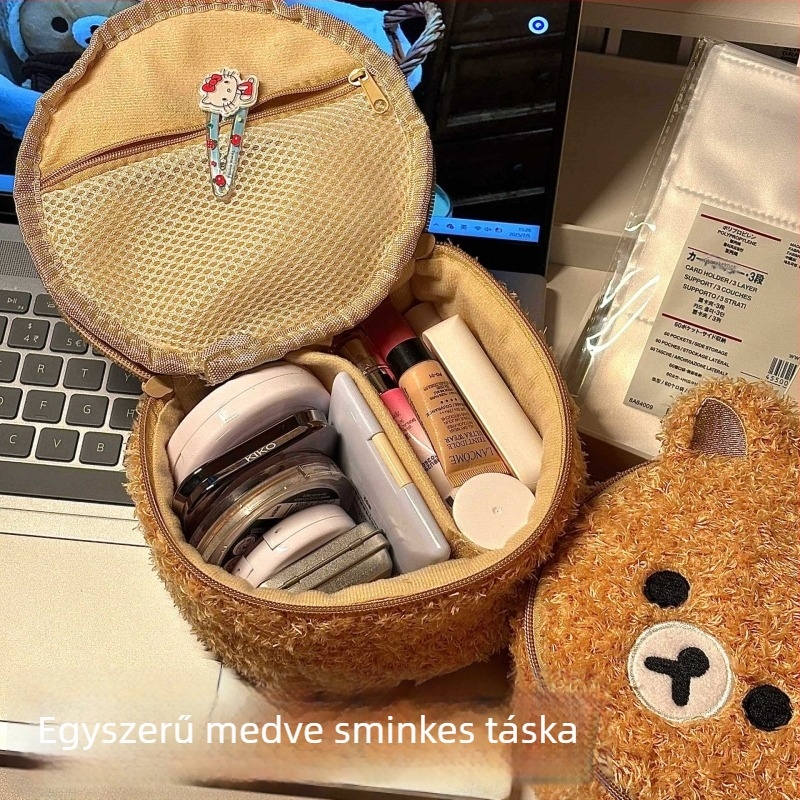 Medvefej formájú ovális 3D kozmetikai táska bársonyos báránybőrrel – hordozható uniszex kozmetikai szervező