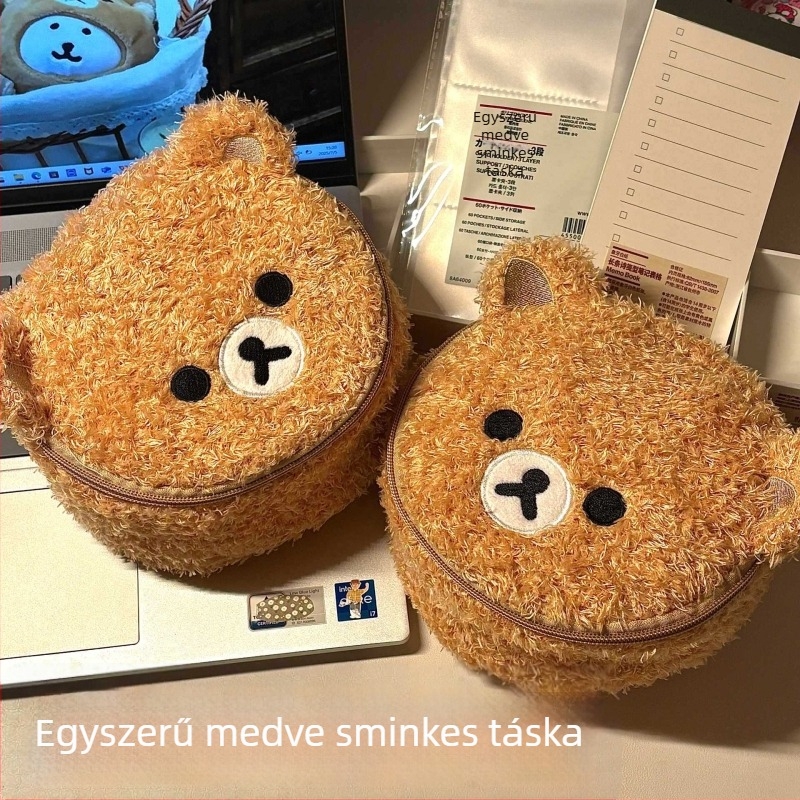 Medvefej formájú ovális 3D kozmetikai táska bársonyos báránybőrrel – hordozható uniszex kozmetikai szervező