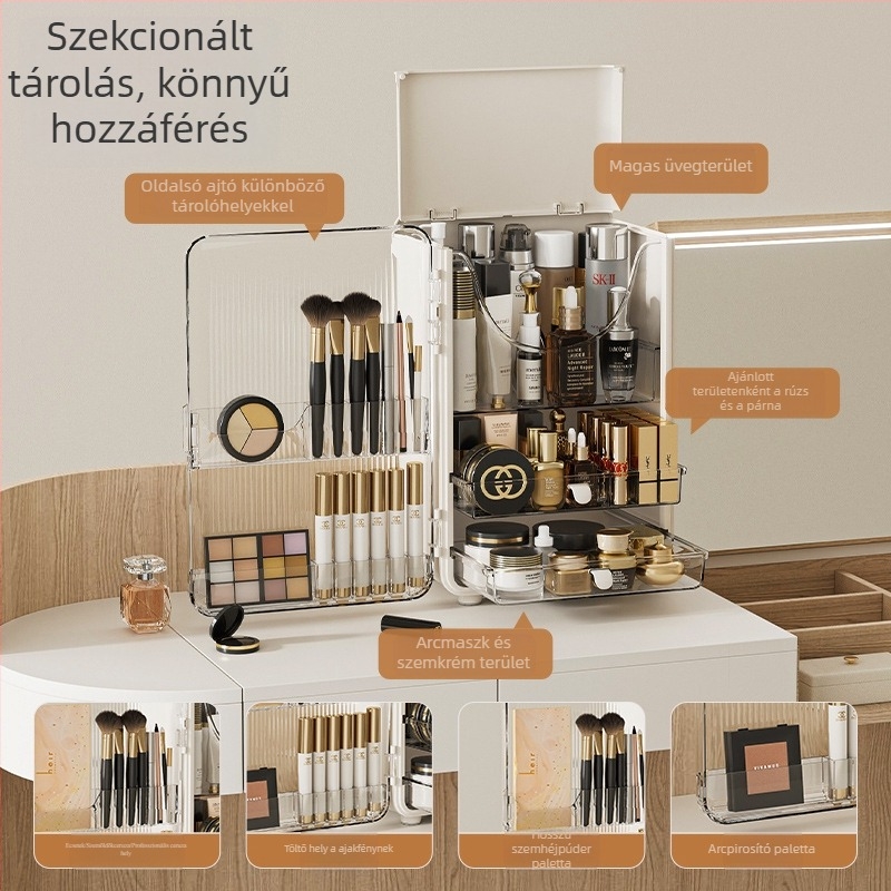 Asztali kozmetikai tároló doboz rúzs szervezővel – könnyed lux stílus, nagy kapacitás, műanyag kivitel, porálló, testreszabható